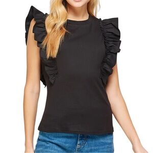 Black Poplin Ruffle Top